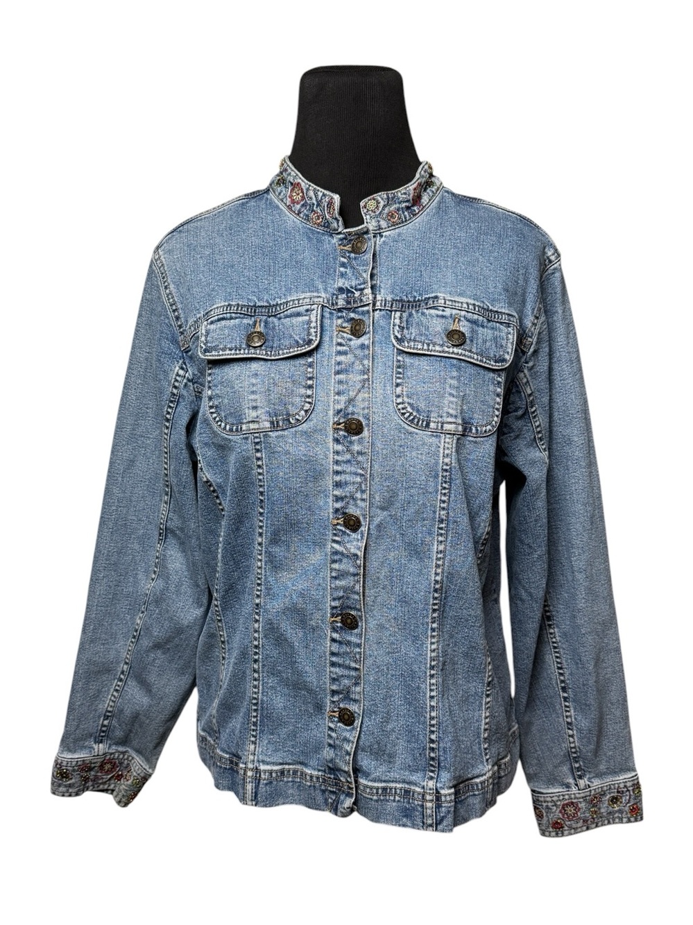 CJ Banks Jean Jacket Women *Large / XL READ Denim Bead Embroidered Hippie Boho